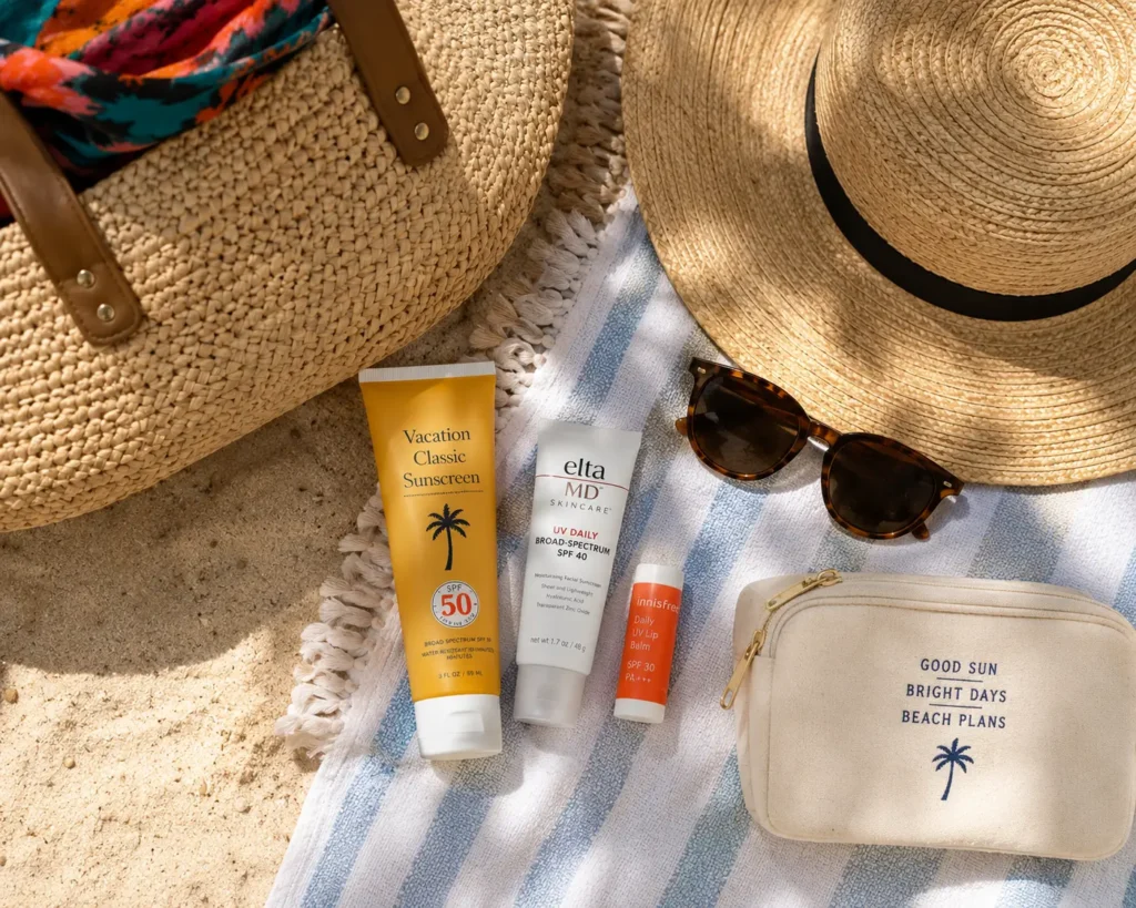 Beach vacation sun care essentials with sunscreen, SPF lip balm, sunglasses, straw hat, towel, and beach tote.