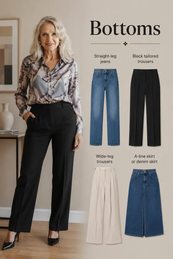 Mature women's capsule wardrobe bottoms including straight-leg jeans, black tailored trousers, wide-leg trousers, and A-line denim skirt.