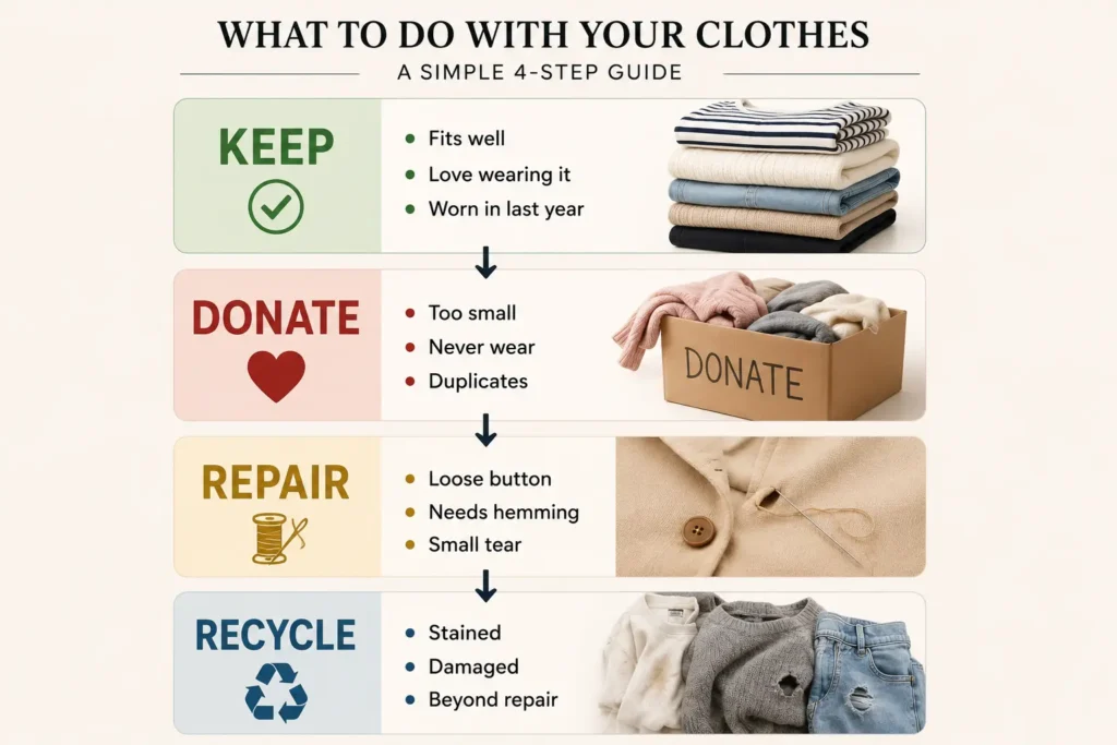 Capsule wardrobe closet decluttering guide showing keep, donate, repair, and recycle categories for organizing clothes.