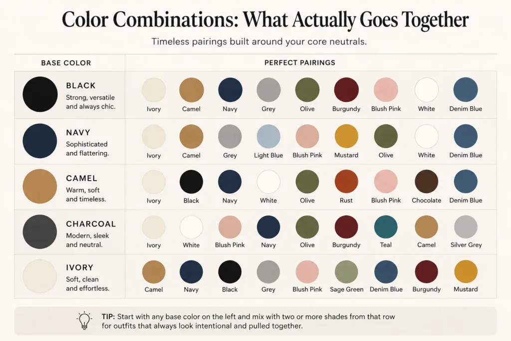 Capsule wardrobe color combinations chart showing colors that pair with black, navy, camel, charcoal and ivory