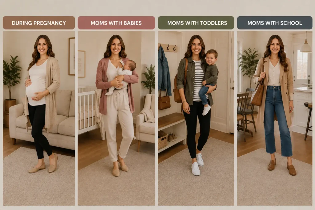 Capsule wardrobe ideas for pregnancy, moms with babies, moms with toddlers and moms with school-age kids