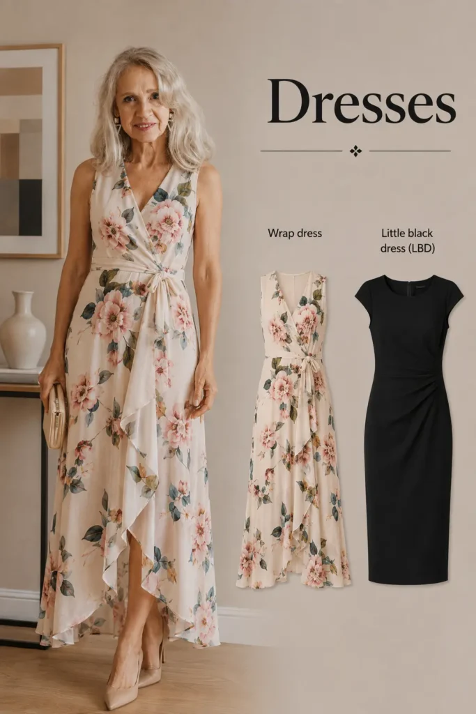 Elegant capsule wardrobe dresses for women over 60 featuring a floral wrap dress and classic little black dress (LBD).