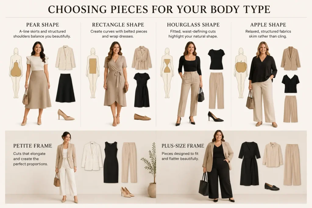 Capsule wardrobe outfit examples for pear, rectangle, hourglass and apple body shapes with petite and plus-size options