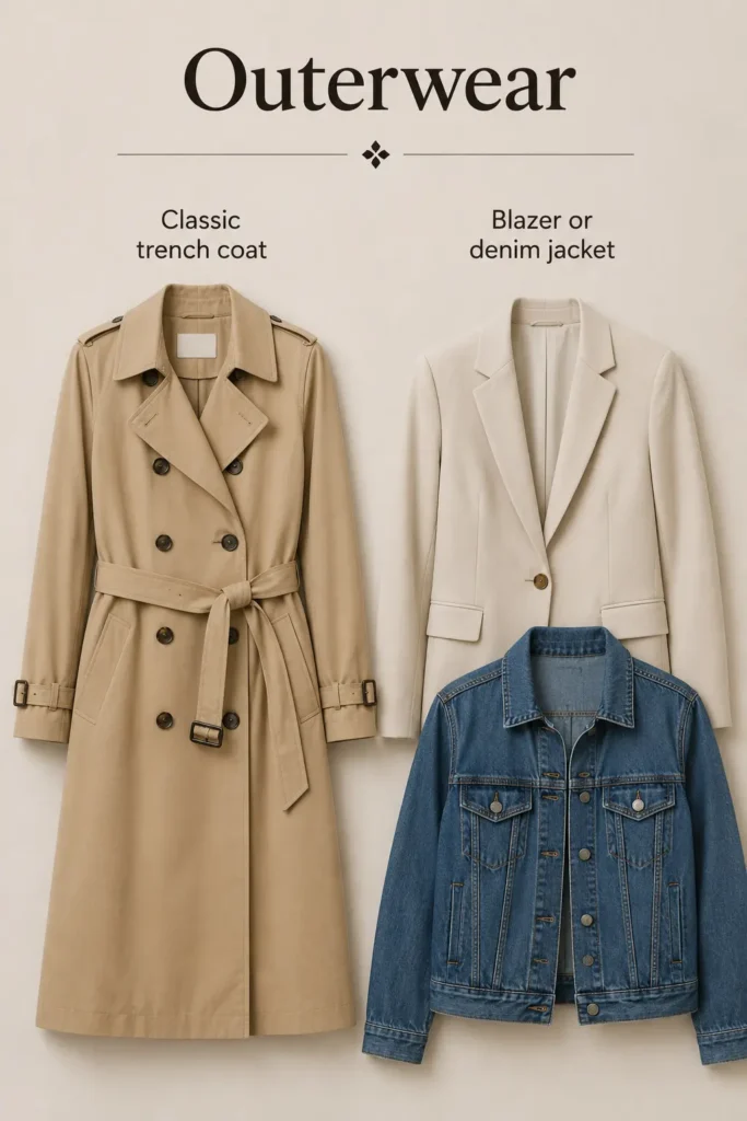 Capsule wardrobe outerwear essentials including a classic trench coat, tailored blazer, and denim jacket.