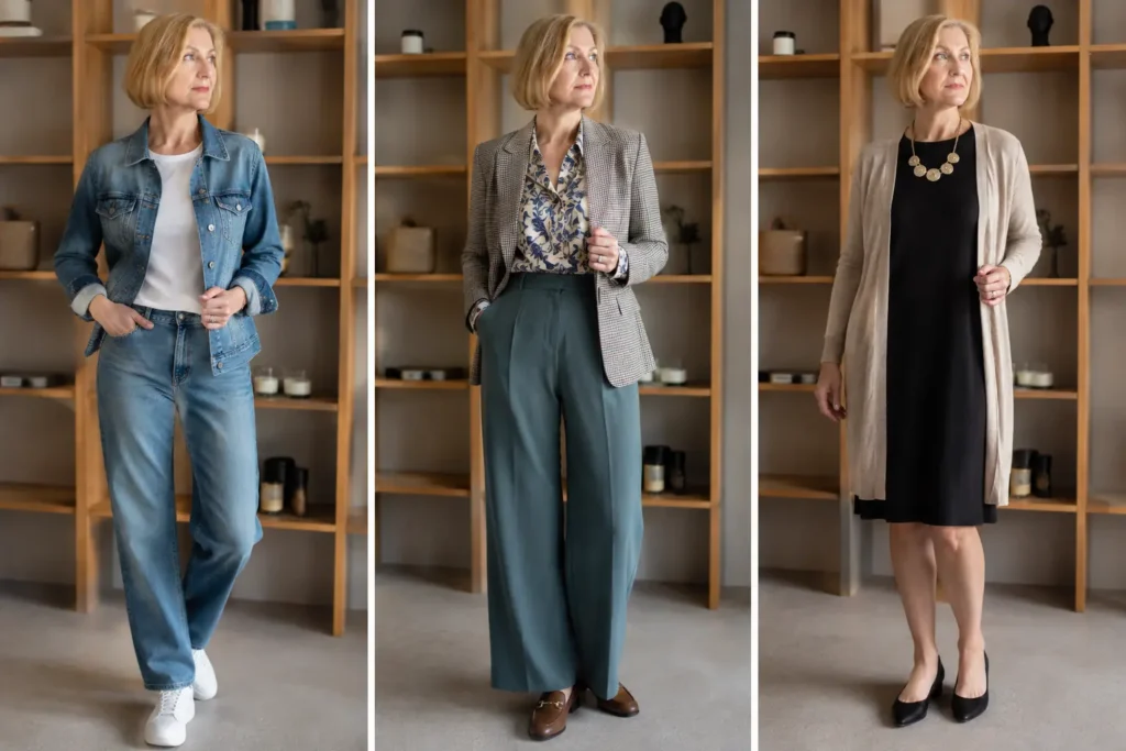Capsule wardrobe over 40 outfit ideas featuring denim, wide-leg trousers, blazer, cardigan, and classic shoes