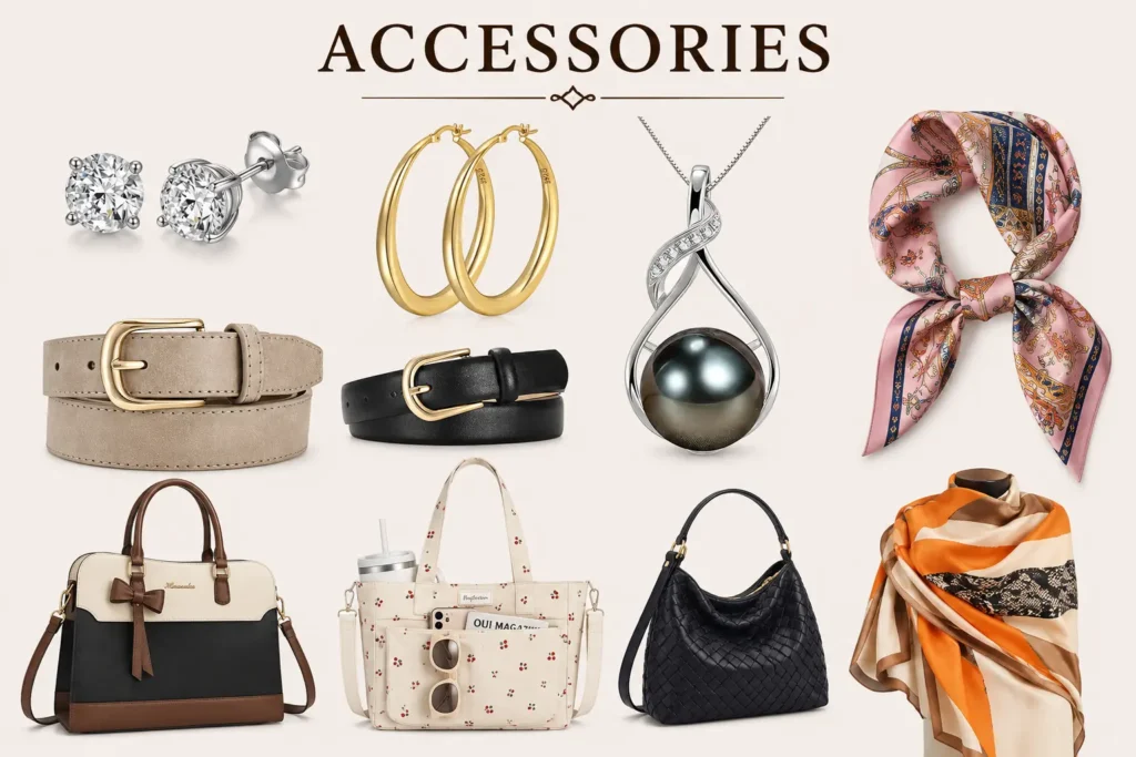 Capsule wardrobe over 40 accessories featuring jewelry, belts, scarves and versatile everyday handbags