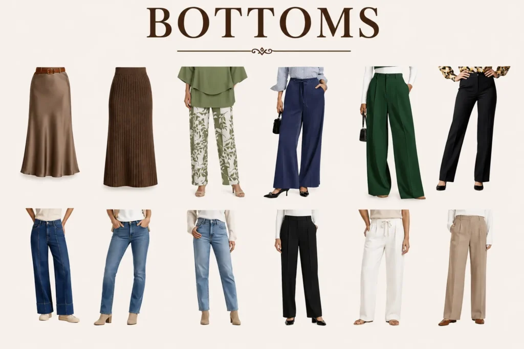 Capsule wardrobe over 40 bottoms featuring straight-leg jeans, tailored trousers, wide-leg pants and versatile skirts