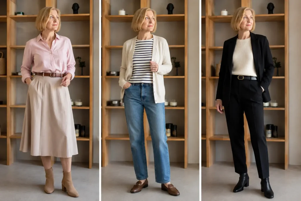 Stylish capsule wardrobe over 40 outfits with pink button-down, Breton stripe top, jeans, skirt, blazer, and ankle boots