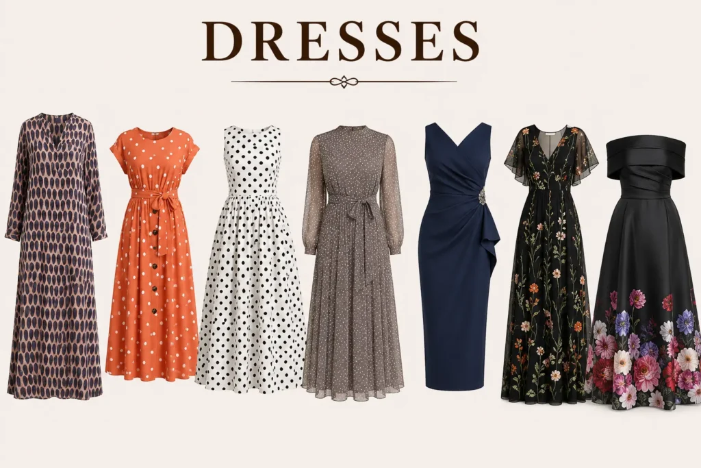 Capsule wardrobe over 40 dresses featuring casual, printed, wrap, floral and classic black dress styles