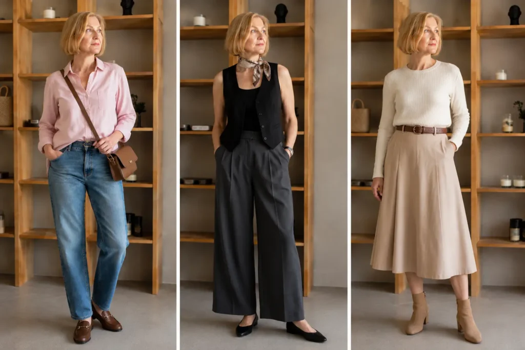 Everyday capsule wardrobe over 40 outfits featuring straight jeans, wide-leg trousers, midi skirt, sweater, vest, loafers, and ankle boots
