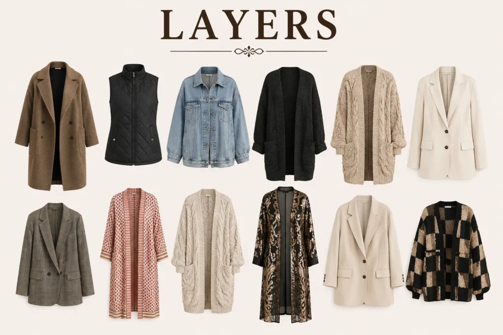 Capsule wardrobe over 40 layering pieces featuring blazers, cardigans, denim jacket, vest and long coat