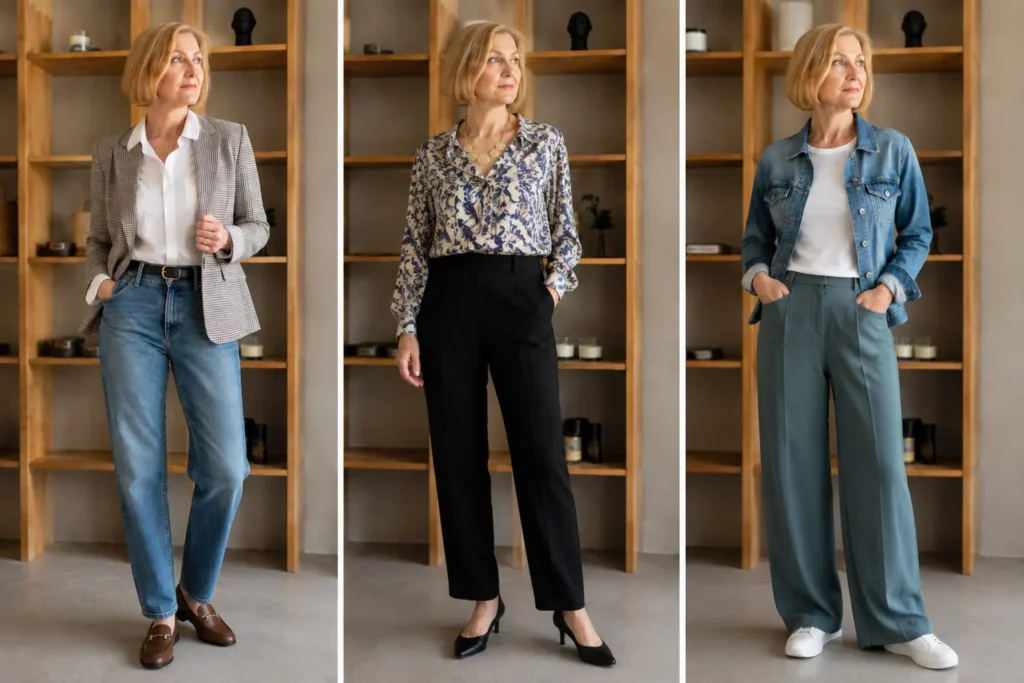 Mix-and-match capsule wardrobe over 40 outfits with checked blazer, printed blouse, black trousers, denim jacket, and wide-leg pants