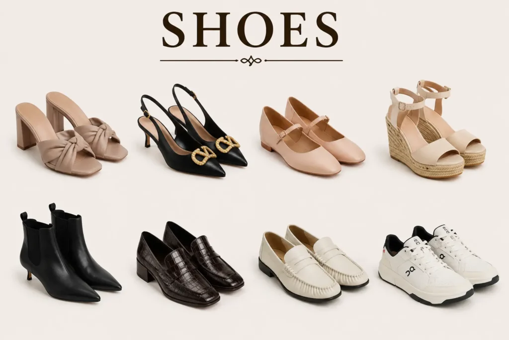 Capsule wardrobe over 40 shoes featuring sneakers, loafers, flats, ankle boots, low heels and wedges