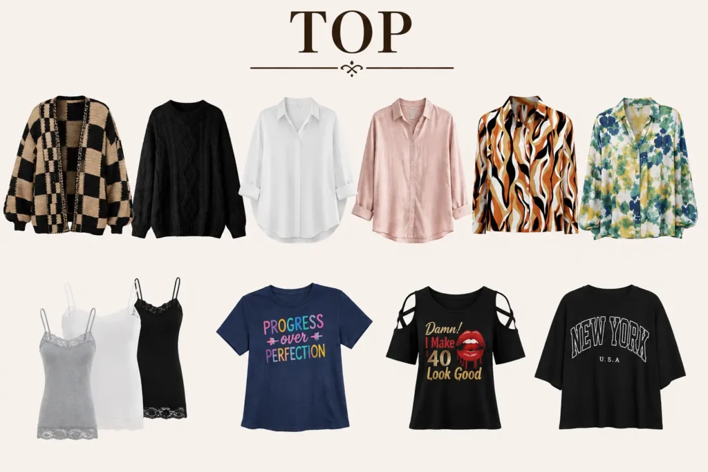 Capsule wardrobe over 40 tops featuring T-shirts, button-down shirts, blouses, sweaters and versatile everyday tops
