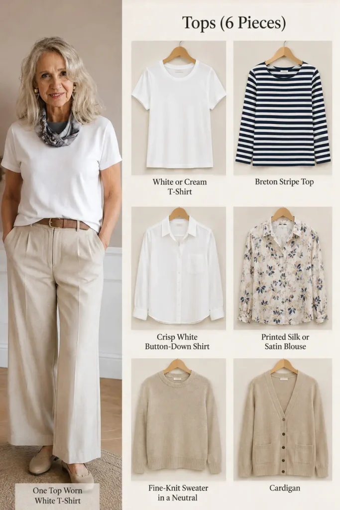 Capsule wardrobe tops for women over 60 featuring a white T-shirt, Breton stripe top, white button-down shirt, printed silk blouse, neutral knit sweater, and cardigan with a stylish mature woman.