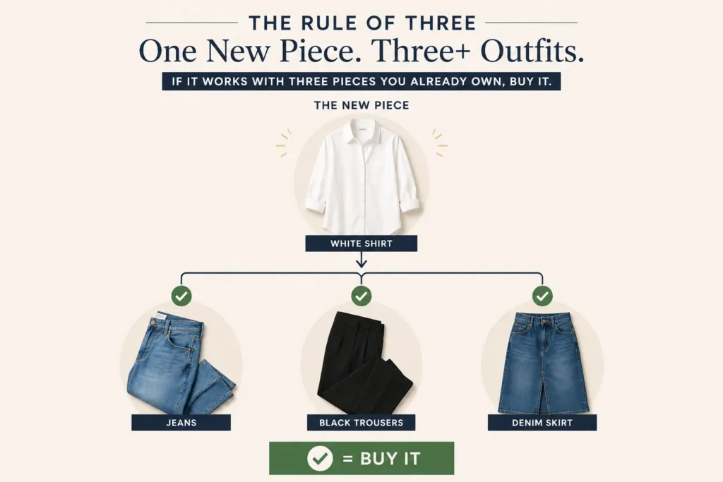 Capsule wardrobe rule of three infographic showing how one white shirt pairs with jeans, black trousers, and a denim skirt before buying.