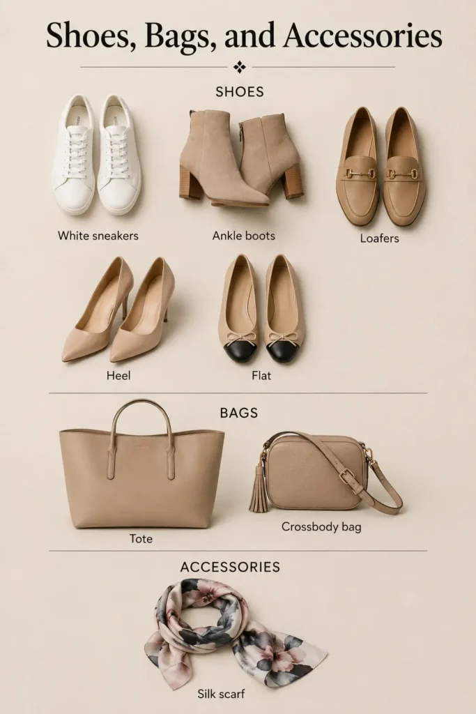 Capsule wardrobe accessories featuring white sneakers, ankle boots, loafers, heels, ballet flats, tote bag, crossbody bag, and silk scarf.