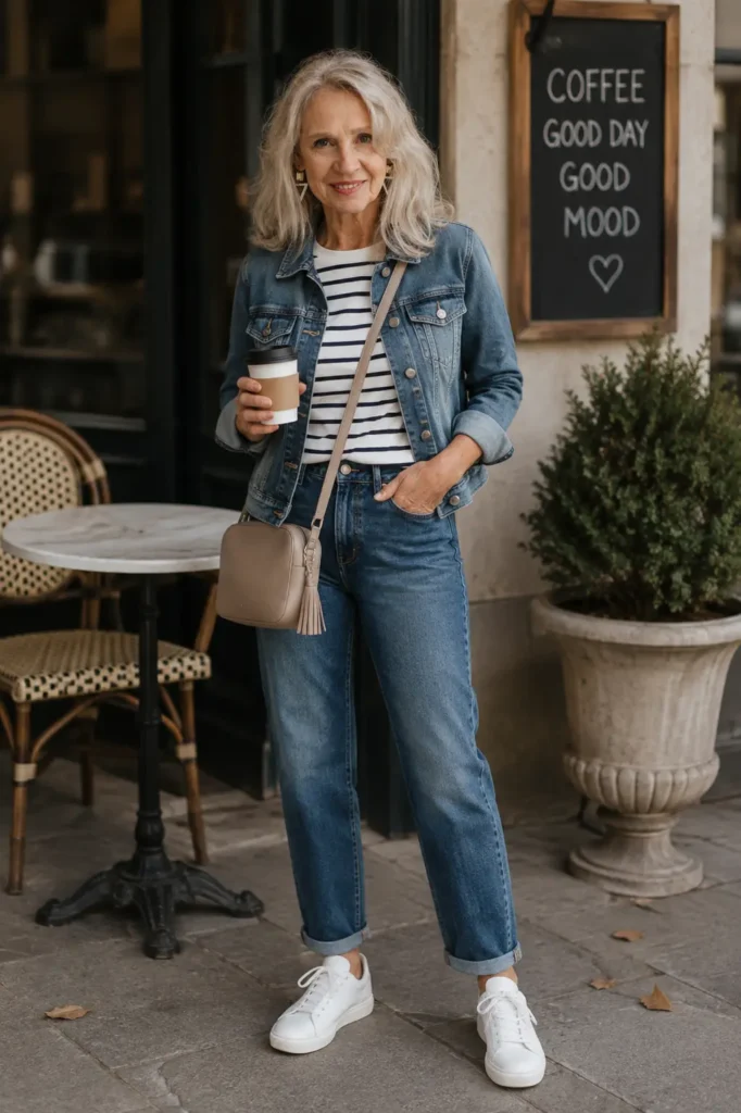 Casual capsule wardrobe outfit for women over 60 with a Breton stripe top, straight-leg jeans, denim jacket, white sneakers, and crossbody bag.