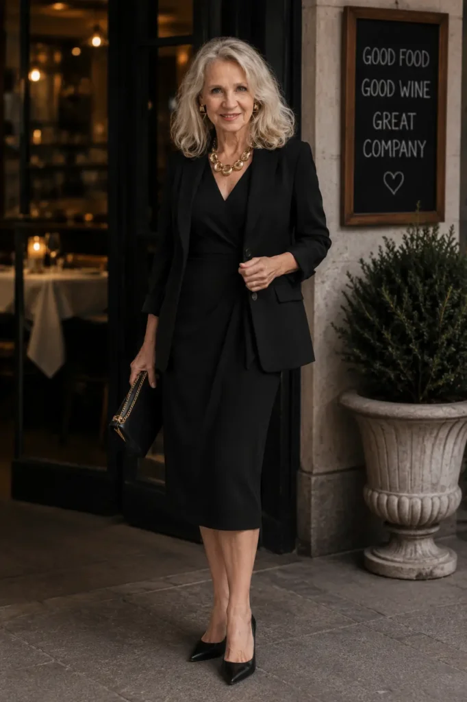Elegant dinner date capsule wardrobe outfit for women over 60 with a little black dress, tailored blazer, heels, and statement necklace.
