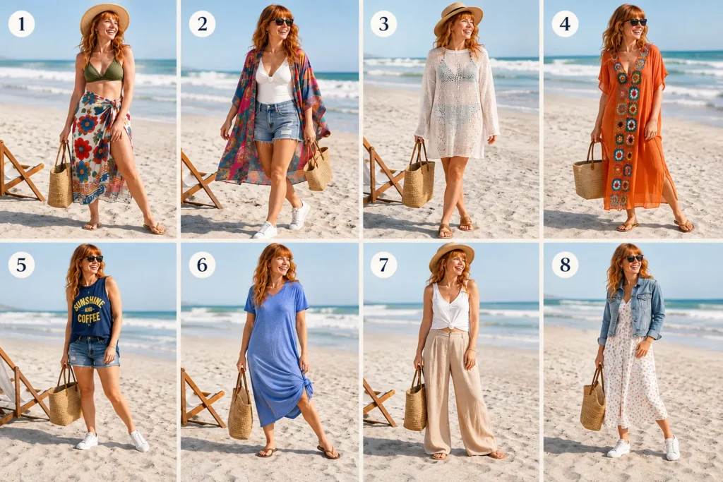 Eight easy mix-and-match beach vacation outfits styled with swimwear, cover-ups, dresses, shorts, linen pants, and beach accessories.