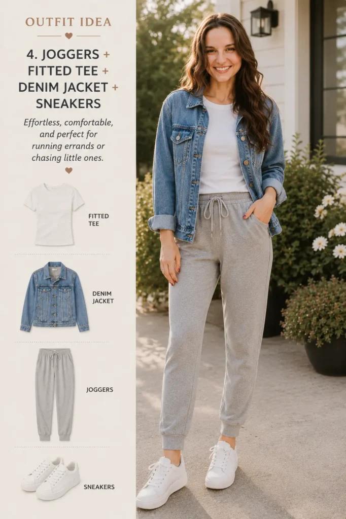 Stay-at-home mom outfit with joggers, fitted tee, denim jacket and white sneakers