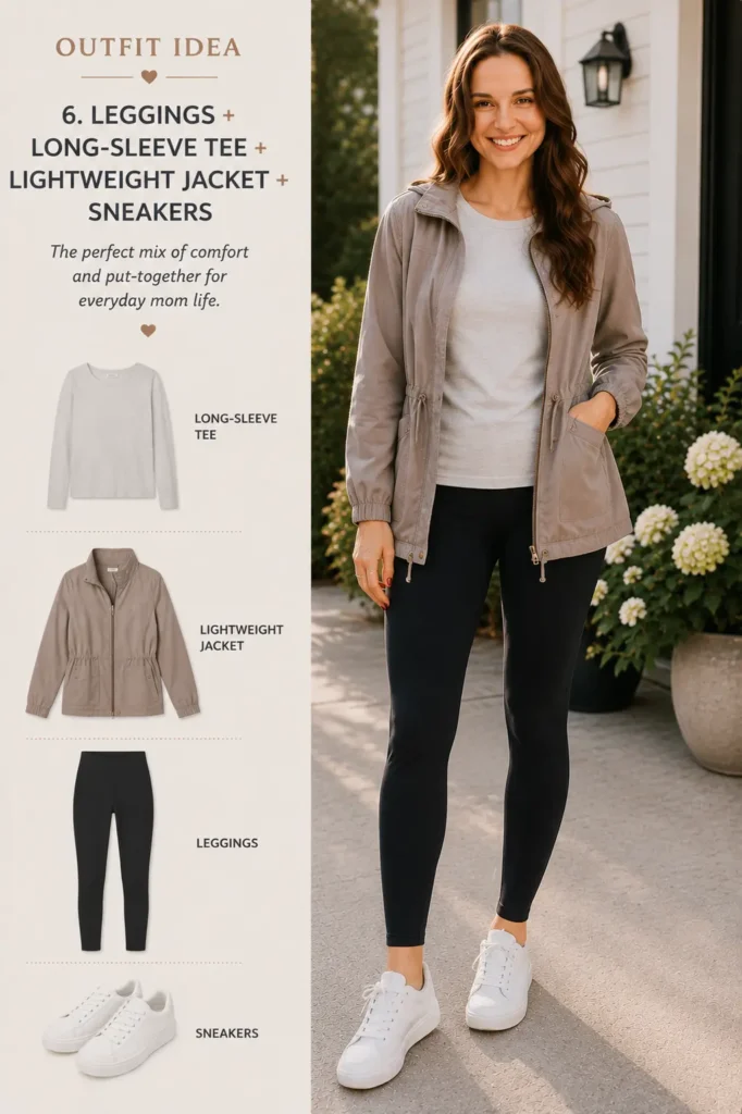 Everyday mom outfit with black leggings, long-sleeve tee, lightweight jacket and sneakers