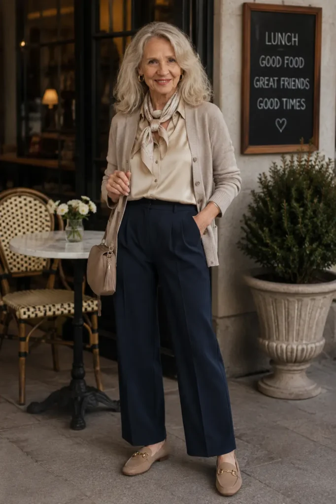 Smart casual capsule wardrobe outfit for women over 60 featuring wide-leg trousers, a silk blouse, cardigan, loafers, scarf, and hoop earrings.