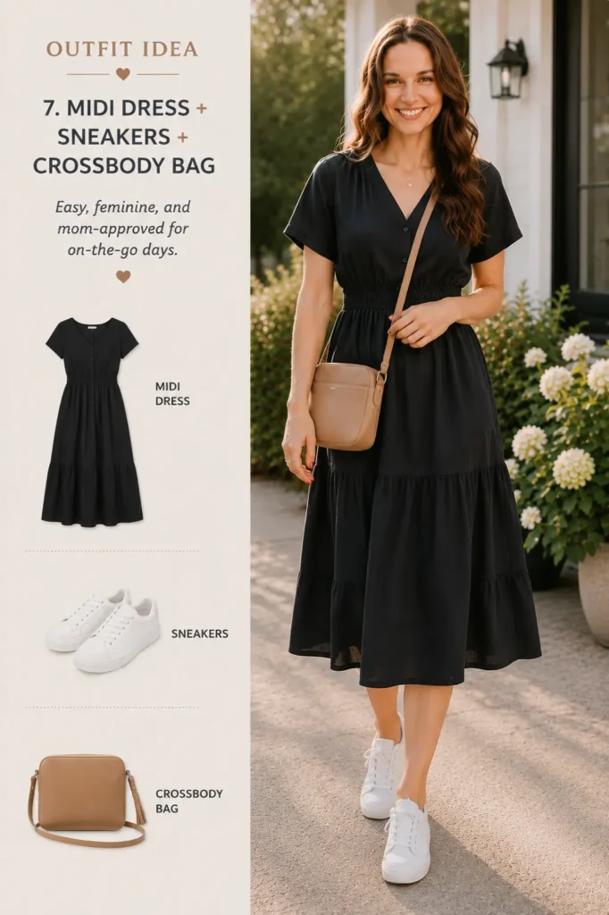 Casual stay-at-home mom outfit with midi dress, white sneakers and crossbody bag
