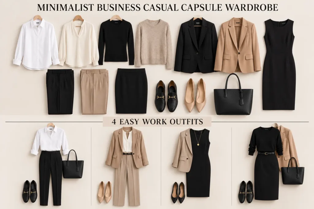 Minimalist business casual capsule wardrobe with neutral workwear and four mix-and-match office outfits