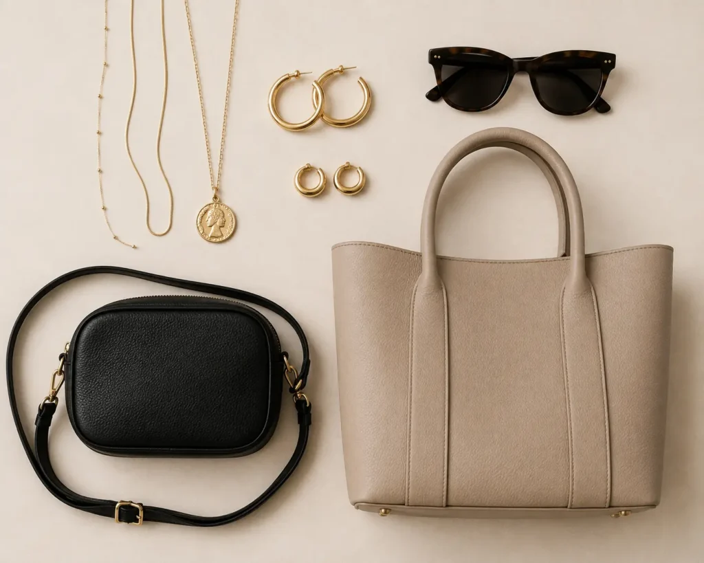 Minimalist wardrobe accessories including gold jewelry, sunglasses, crossbody bag and structured tote