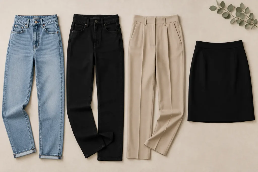 Light-wash jeans, black jeans, tailored neutral trousers and black skirt for a minimalist capsule wardrobe