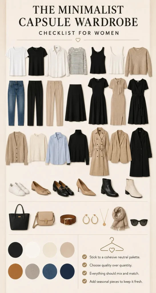Minimalist capsule wardrobe checklist for women with neutral tops, bottoms, dresses, layers, outerwear, shoes and accessories