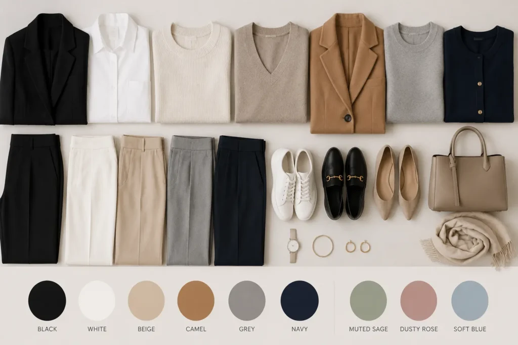 Minimalist capsule wardrobe in black, white, beige, camel, grey and navy with muted accent colors