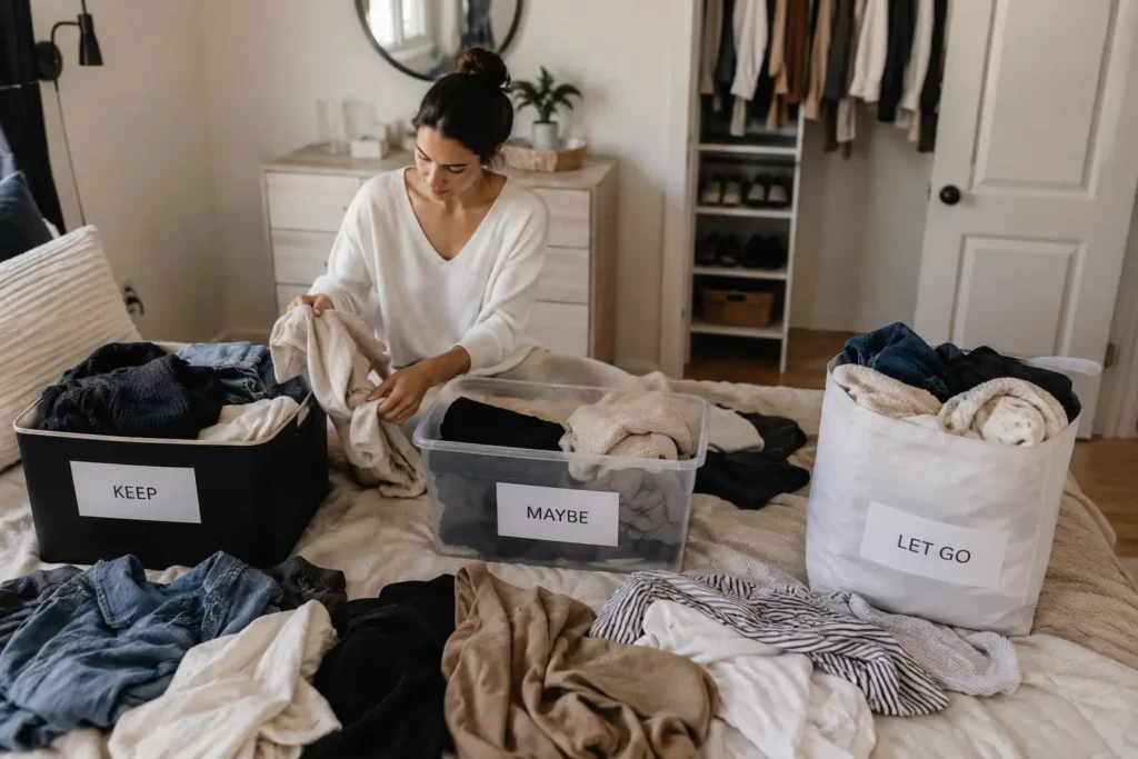 Woman decluttering clothes into keep, maybe, and let go piles to build a minimalist capsule wardrobe