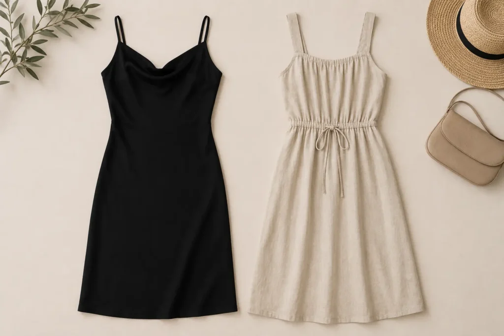 Little black dress and neutral casual day dress for a minimalist capsule wardrobe
