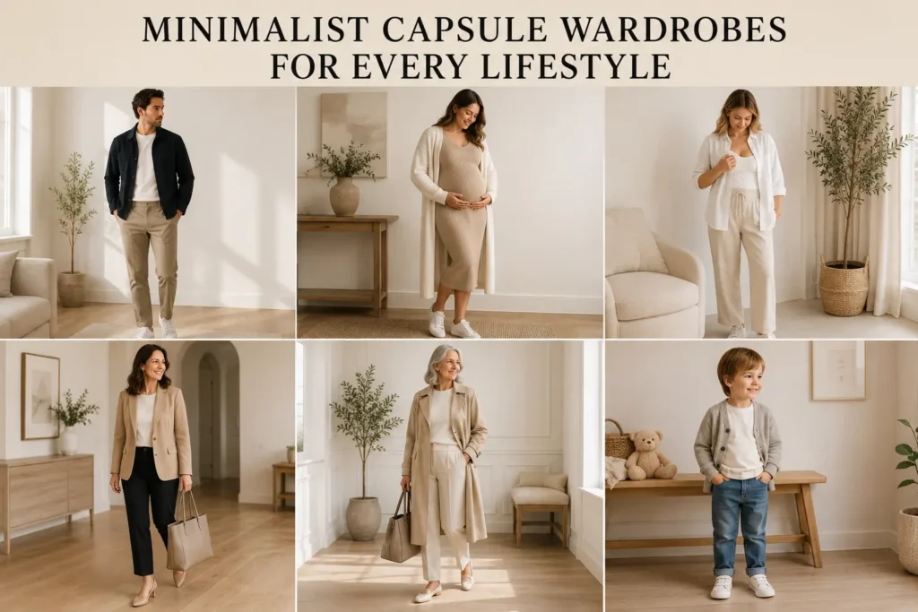 Minimalist capsule wardrobe outfit ideas for different ages, life stages and lifestyles