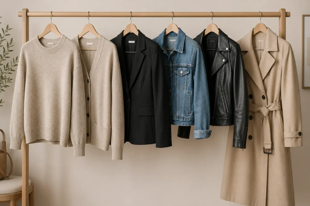 Minimalist capsule wardrobe layers with sweater, cardigan, blazer, denim jacket, leather jacket and neutral coat