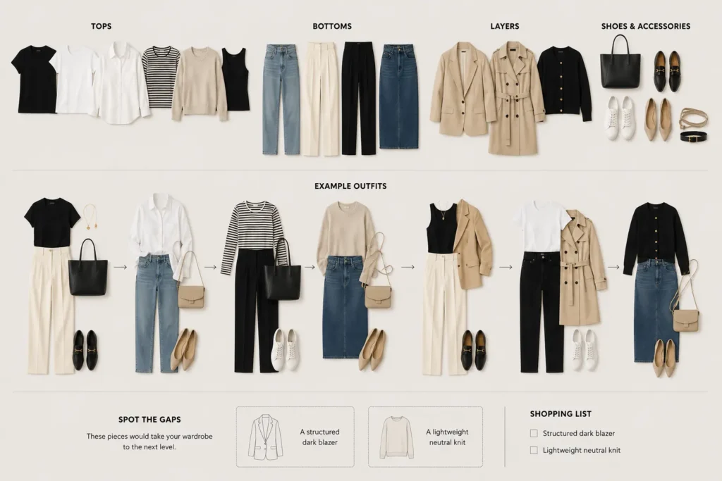Mix-and-match capsule wardrobe pieces arranged into multiple outfits to identify wardrobe gaps