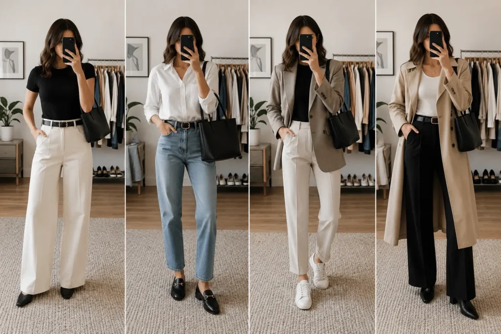 Four minimalist outfit combinations showing how to define a cohesive personal style