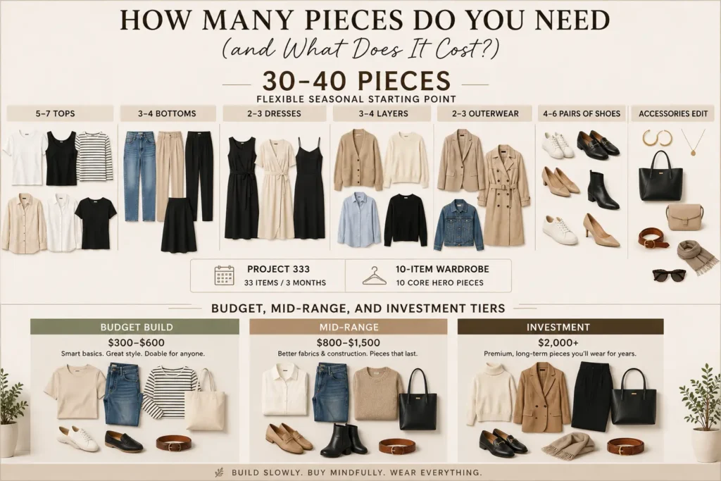Minimalist capsule wardrobe showing a 30 to 40 piece starter template and three wardrobe budget tiers