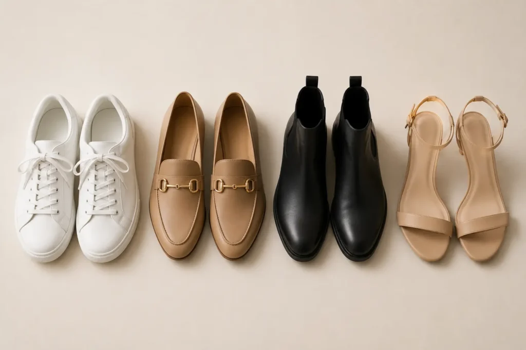 White sneakers, neutral loafers, black ankle boots and dressy sandals for a minimalist capsule wardrobe
