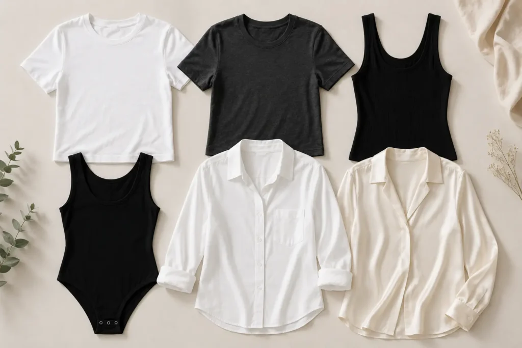 Minimalist capsule wardrobe tops including white and black tees, tank, bodysuit, button-down and blouse