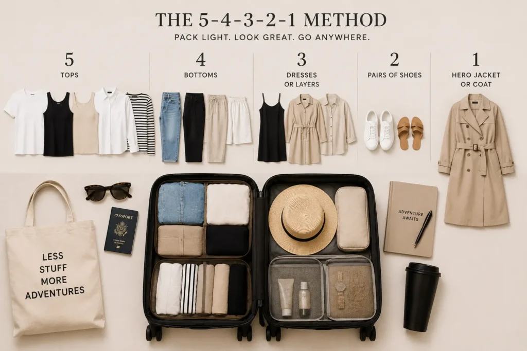 Minimalist travel capsule wardrobe using the 5-4-3-2-1 packing method with clothes, shoes and a carry-on suitcase