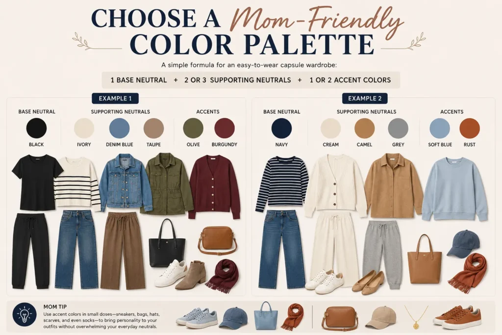 Mom-friendly capsule wardrobe color palette with versatile neutrals and accent colors