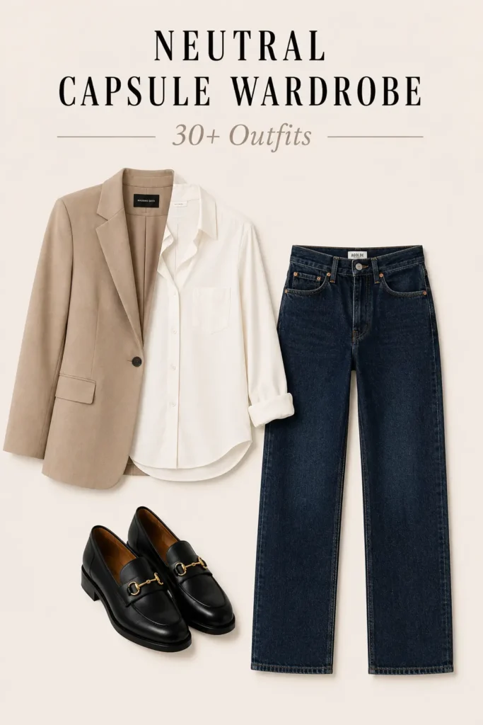Neutral capsule wardrobe outfit with white button-down, beige blazer, dark straight-leg jeans and loafers
