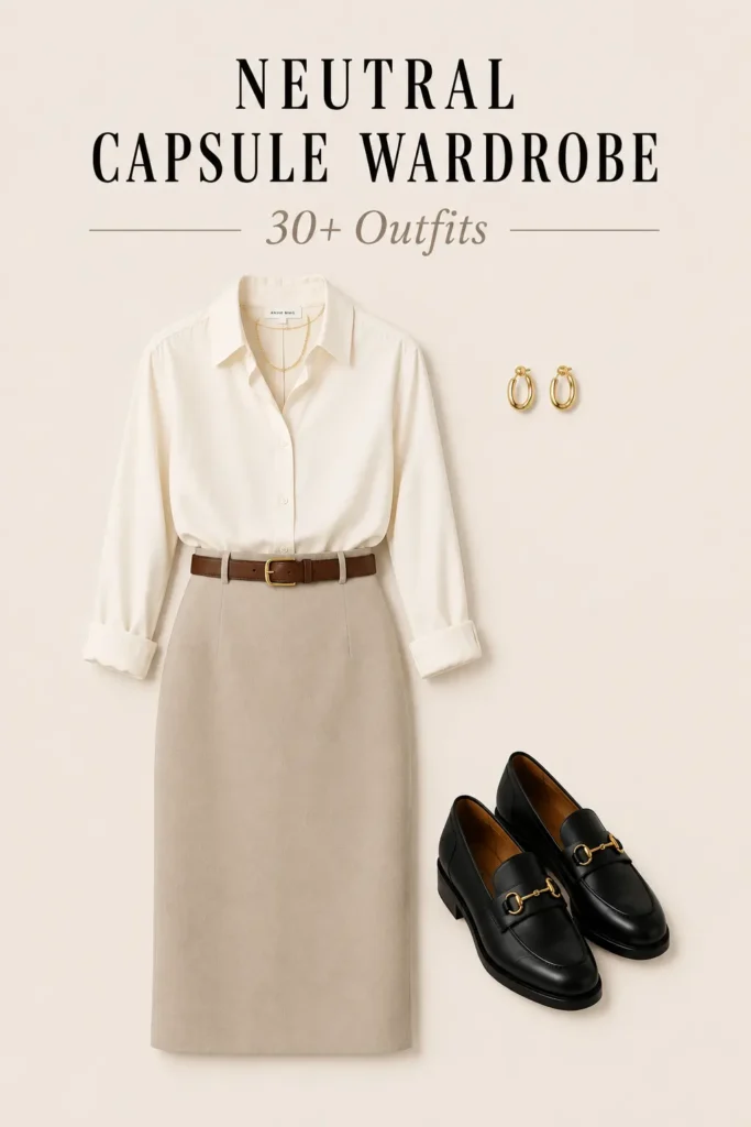 Neutral capsule wardrobe outfit with button-down shirt, midi skirt, brown belt and black loafers