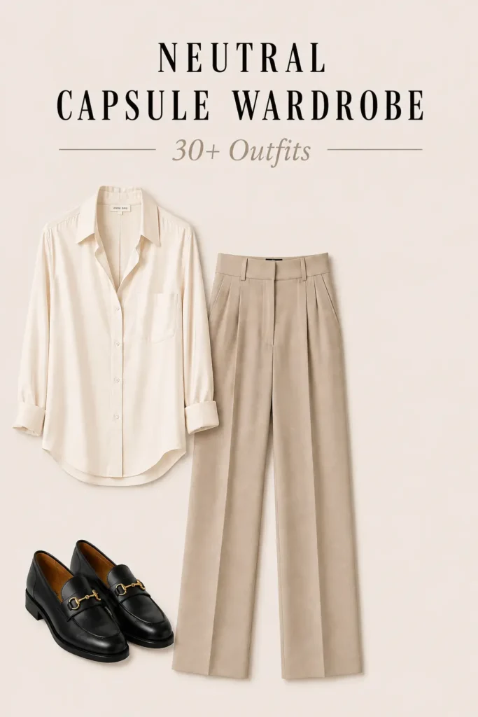 Neutral capsule wardrobe outfit with button-down shirt, tailored trousers and black loafers