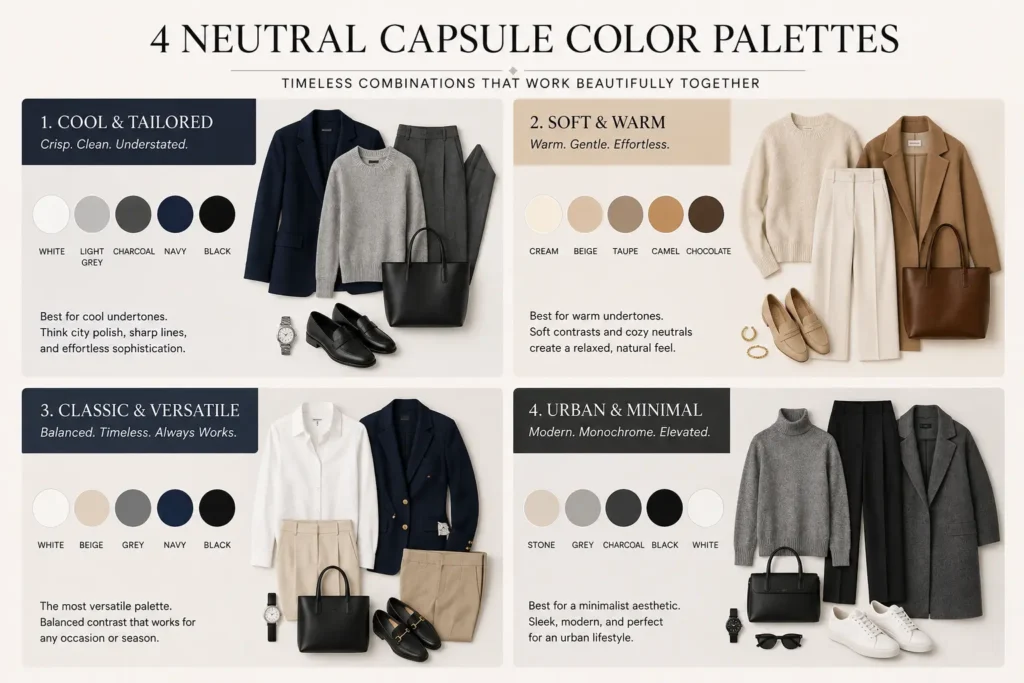 Four neutral capsule wardrobe color palettes including cool, warm, classic and minimal combinations