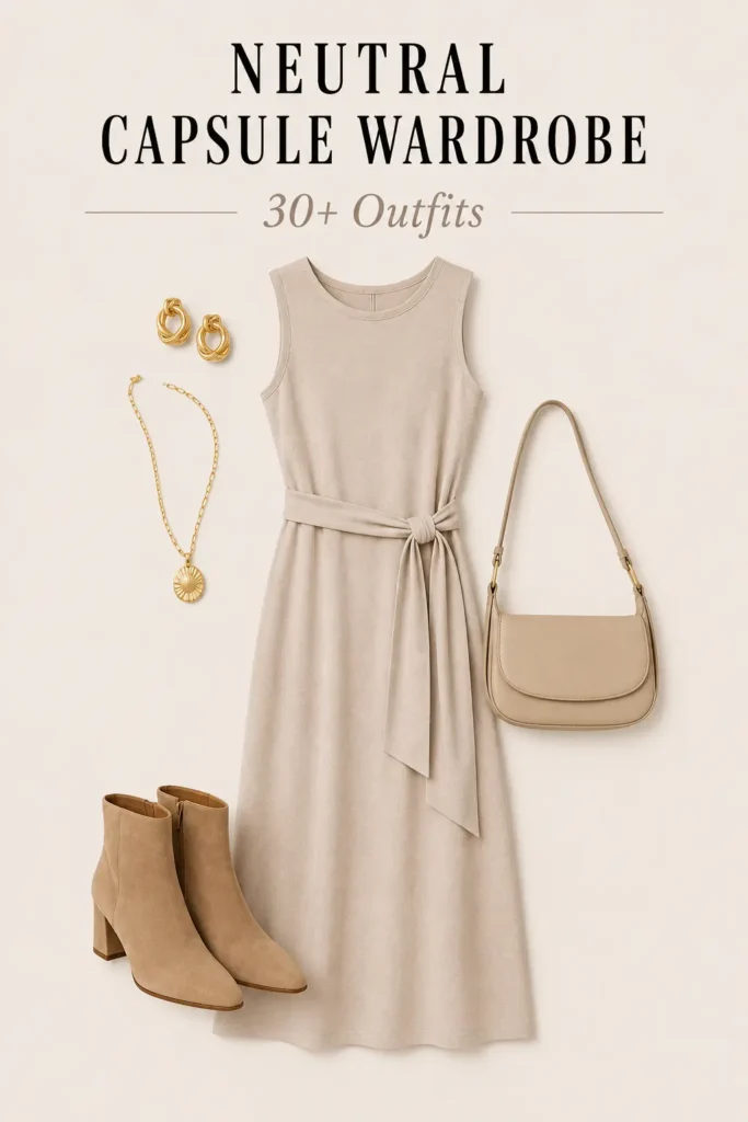 Neutral capsule wardrobe dress styled with beige ankle boots and gold statement jewelry