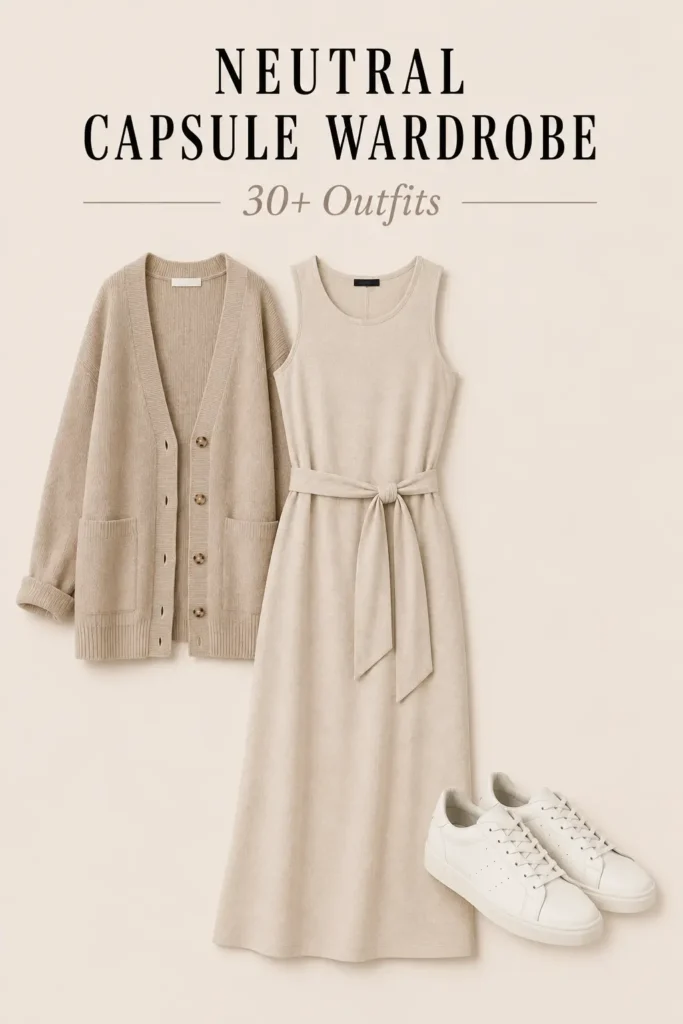 Neutral capsule wardrobe outfit with beige dress, relaxed cardigan and white sneakers
